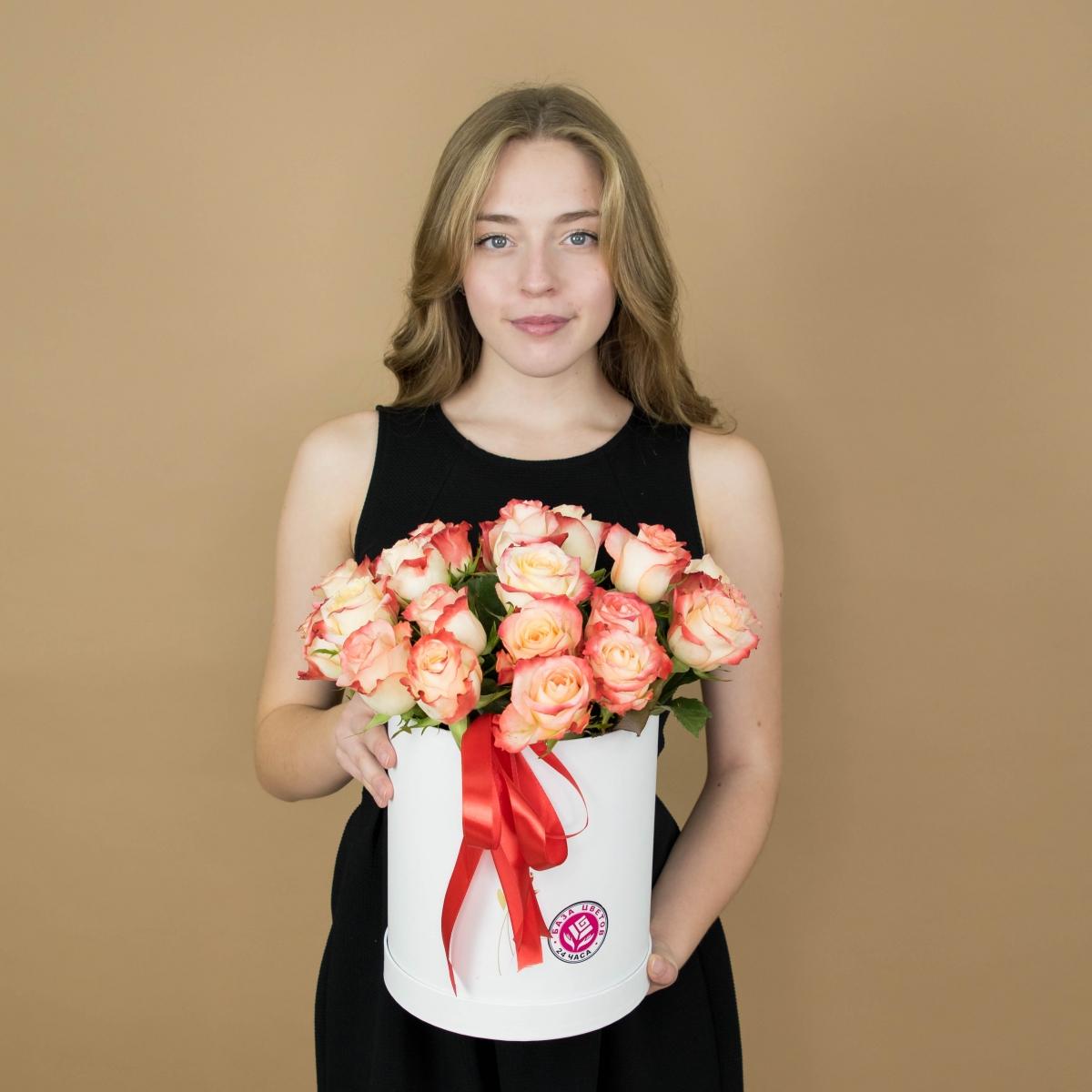 Розы красно-белые в шляпной коробке [артикул букета: 520sr]