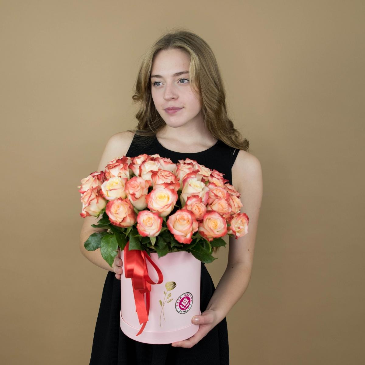 Розы красно-белые в шляпной коробке [артикул букета: 520sr]